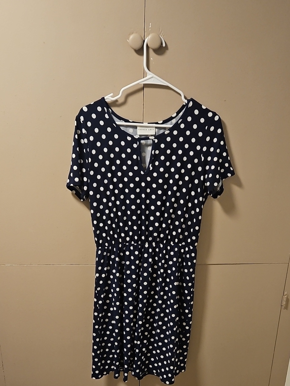 French Grey Navy and White Polka Dot Midi Dress